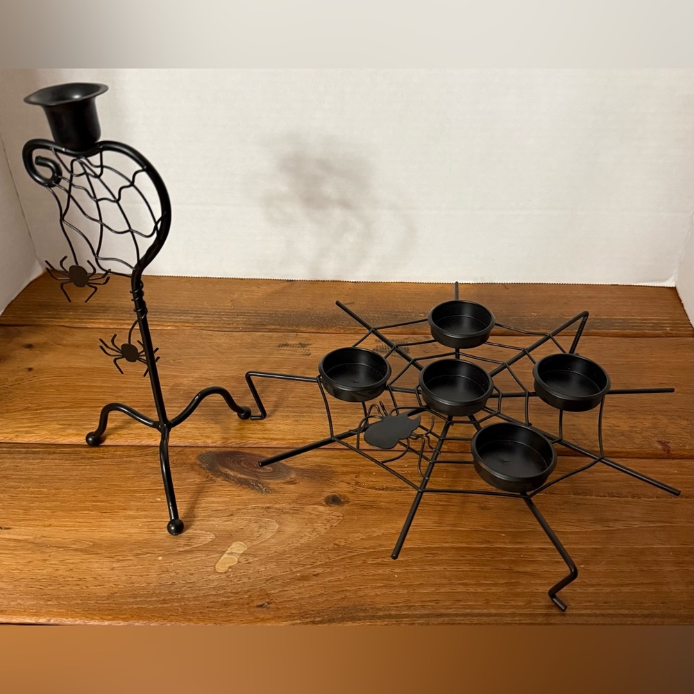 2 Black Spider Web Candle Holders